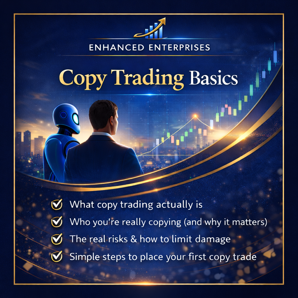 Copy Trading Basics graphic with a trader and robot looking at an upward price chart.